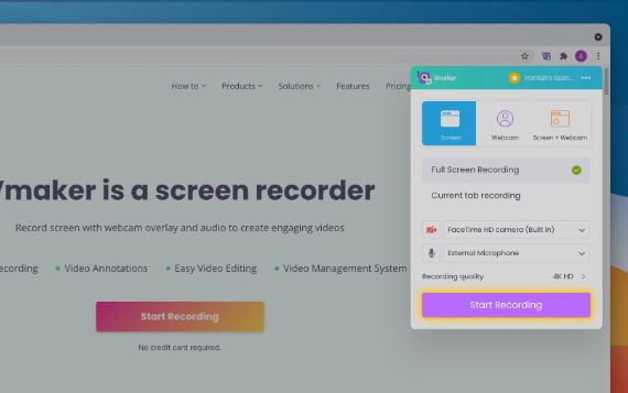 Click on “Start Recording” to start recording your screen using the Vmaker plugin